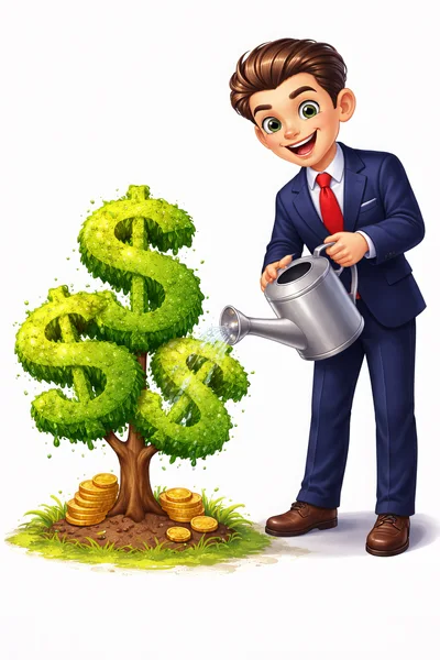 Businessman Watering A Dollar Sign Shaped Money Tree