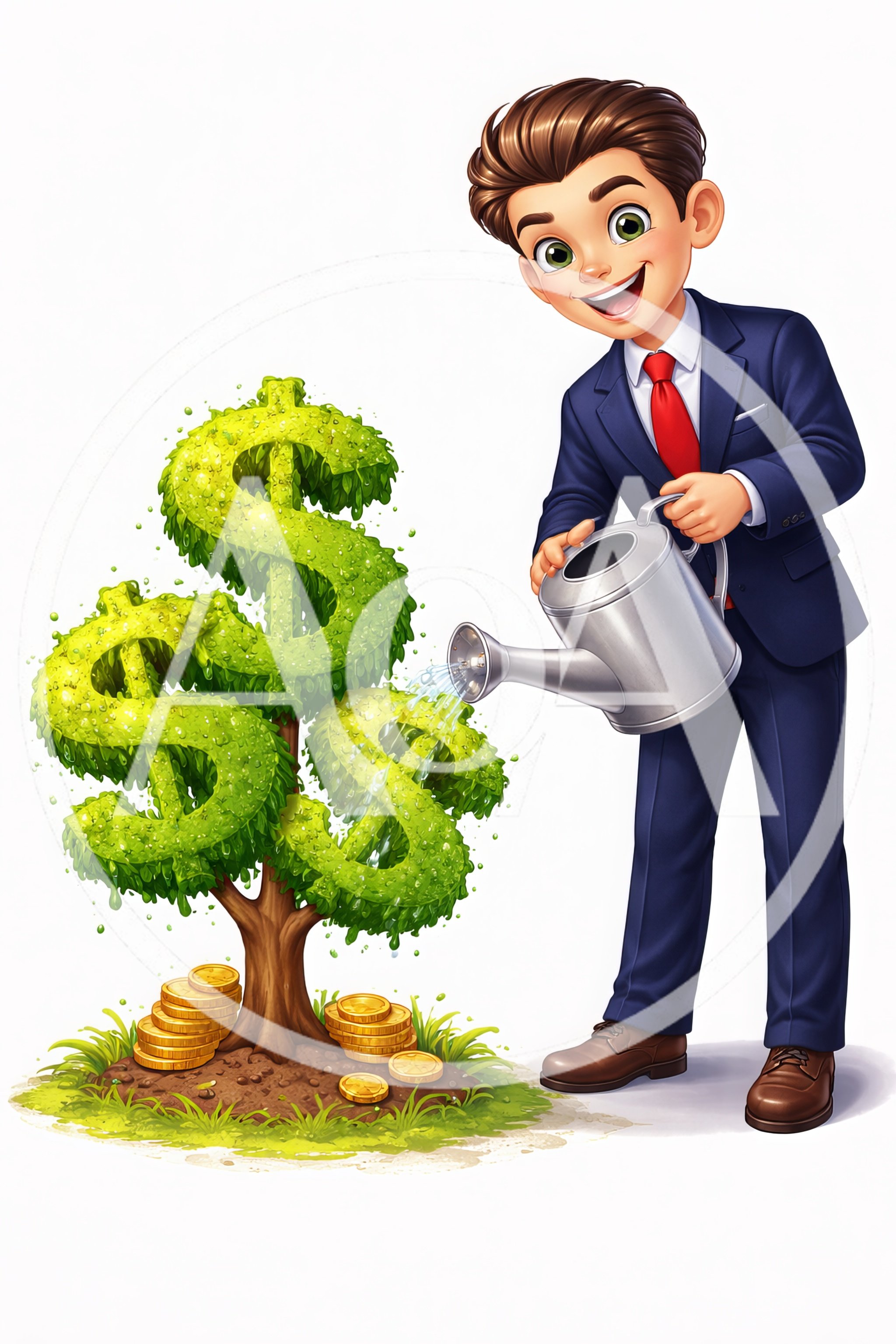 Businessman Watering A Dollar Sign Shaped Money Tree