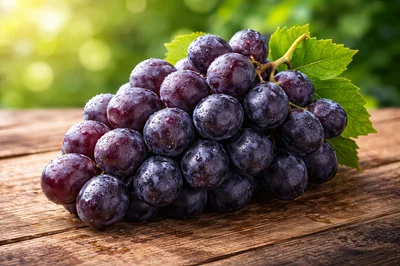 Fresh Purple Grapes on Rustic Wooden Table