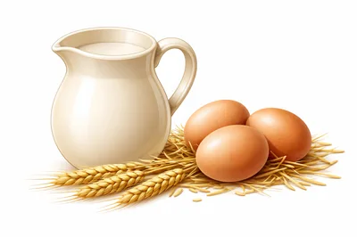 Milk Pitcher With Fresh Eggs And Wheat Stalks