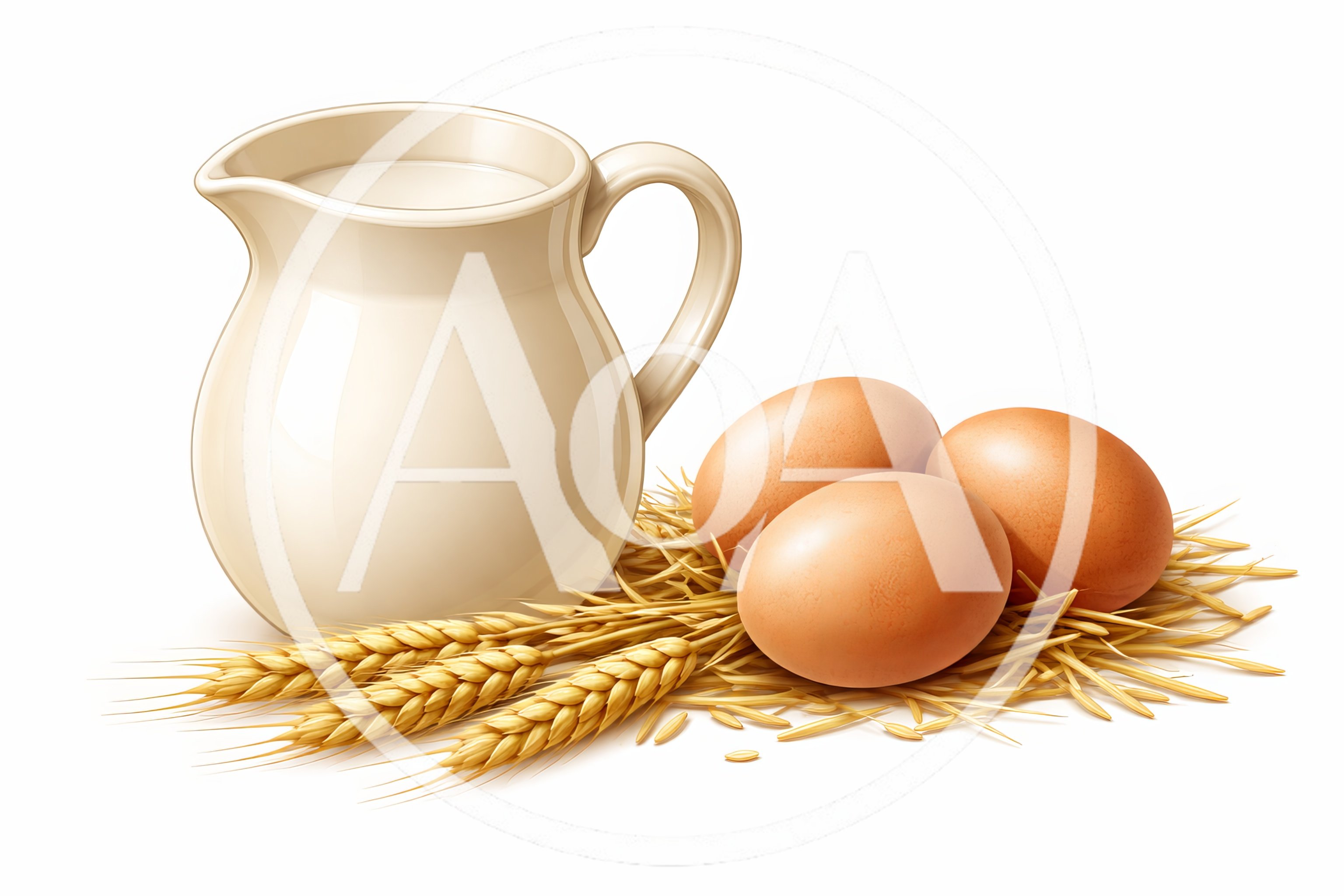Milk Pitcher With Fresh Eggs And Wheat Stalks