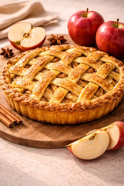 Freshly Baked Lattice Apple Pie On Wooden Board