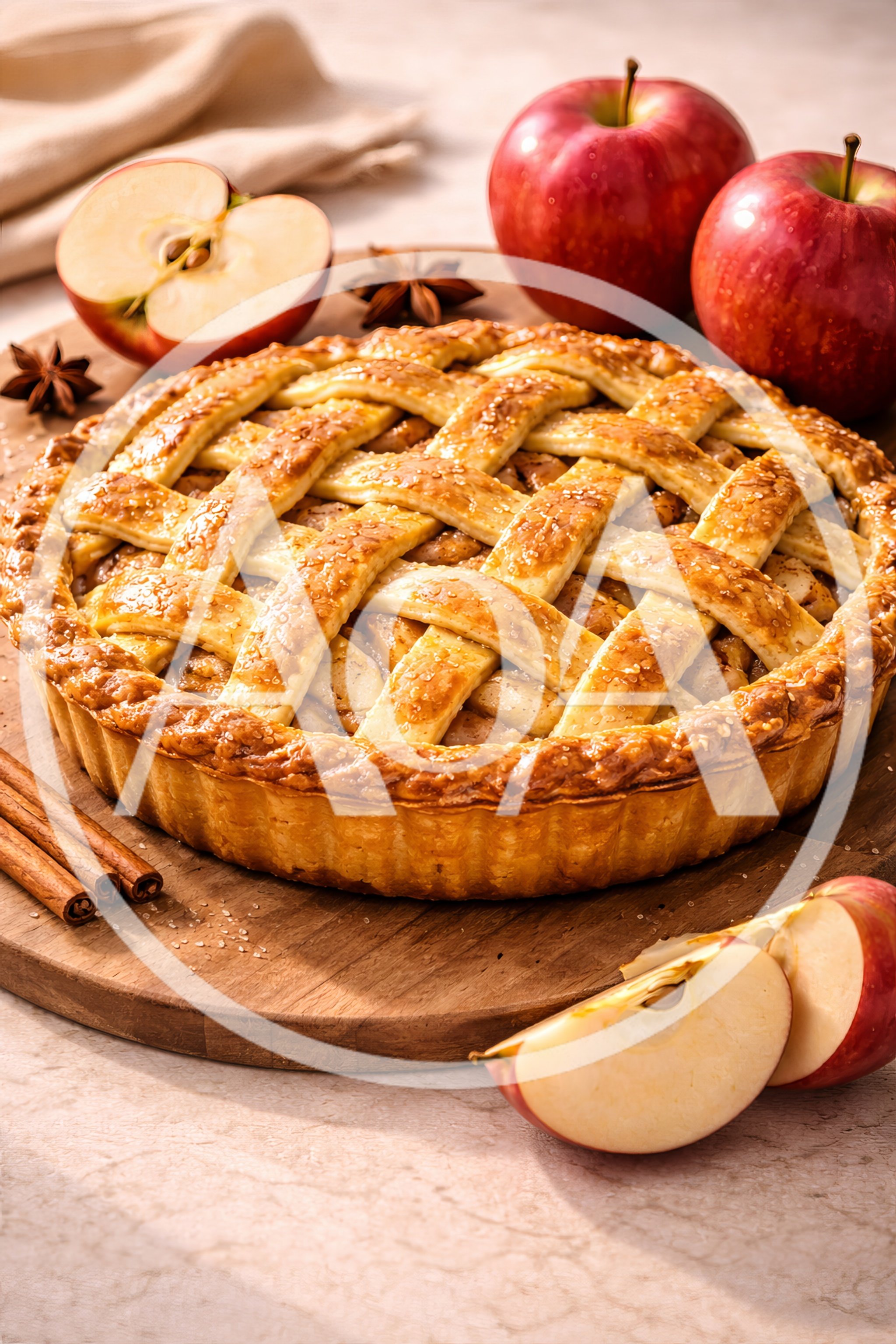 Freshly Baked Lattice Apple Pie On Wooden Board