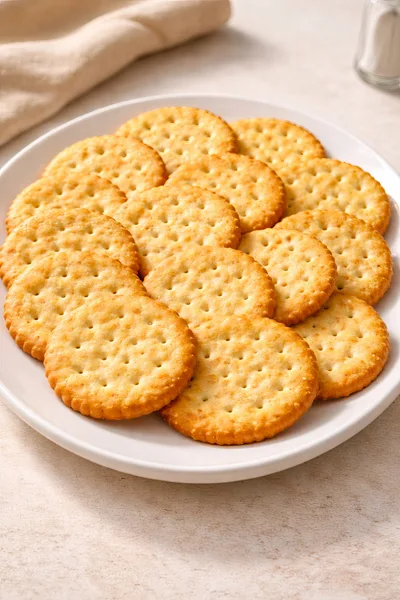 Stack Of Round Golden Crackers On A White Plate