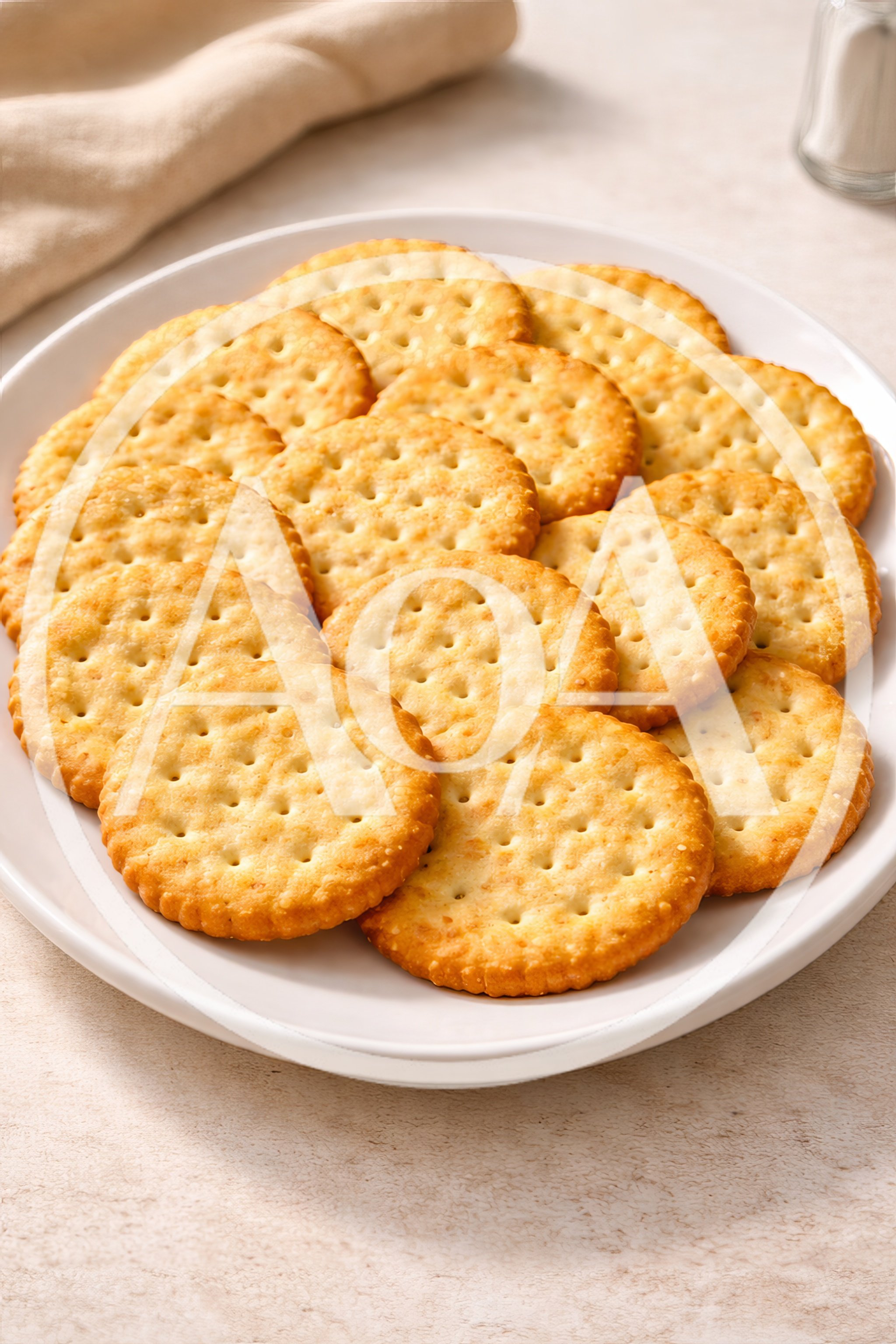 Stack Of Round Golden Crackers On A White Plate