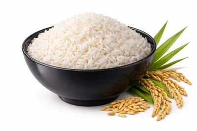 Bowl Of Steamed White Rice With Paddy Stalks