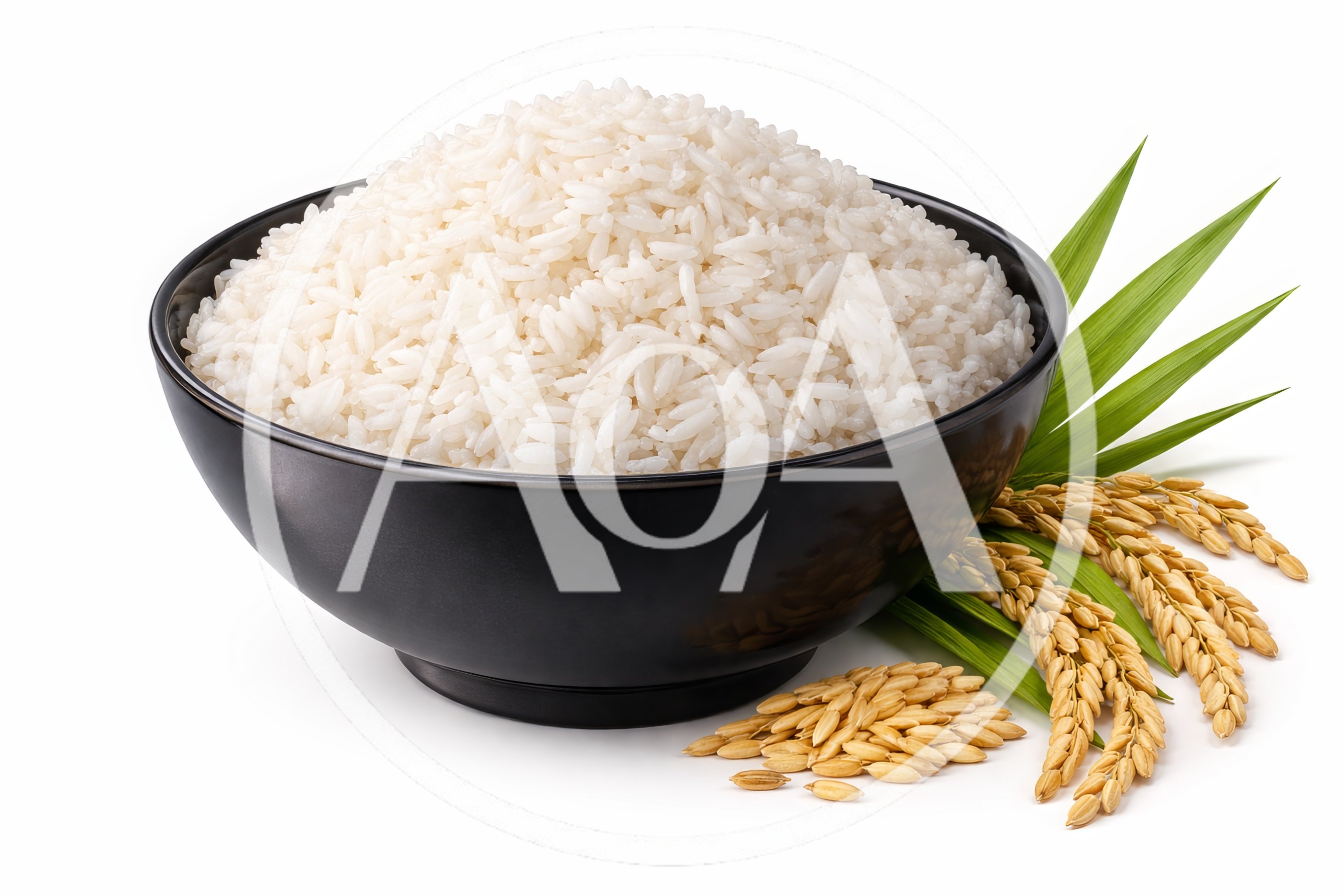 Bowl Of Steamed White Rice With Paddy Stalks