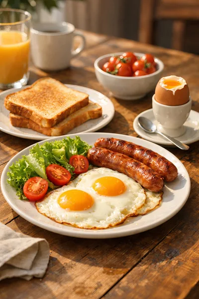 Hearty English Breakfast With Eggs Sausages And Toast