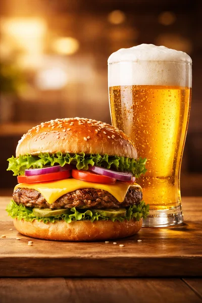 Gourmet Cheeseburger and Glass of Beer on Wooden Table