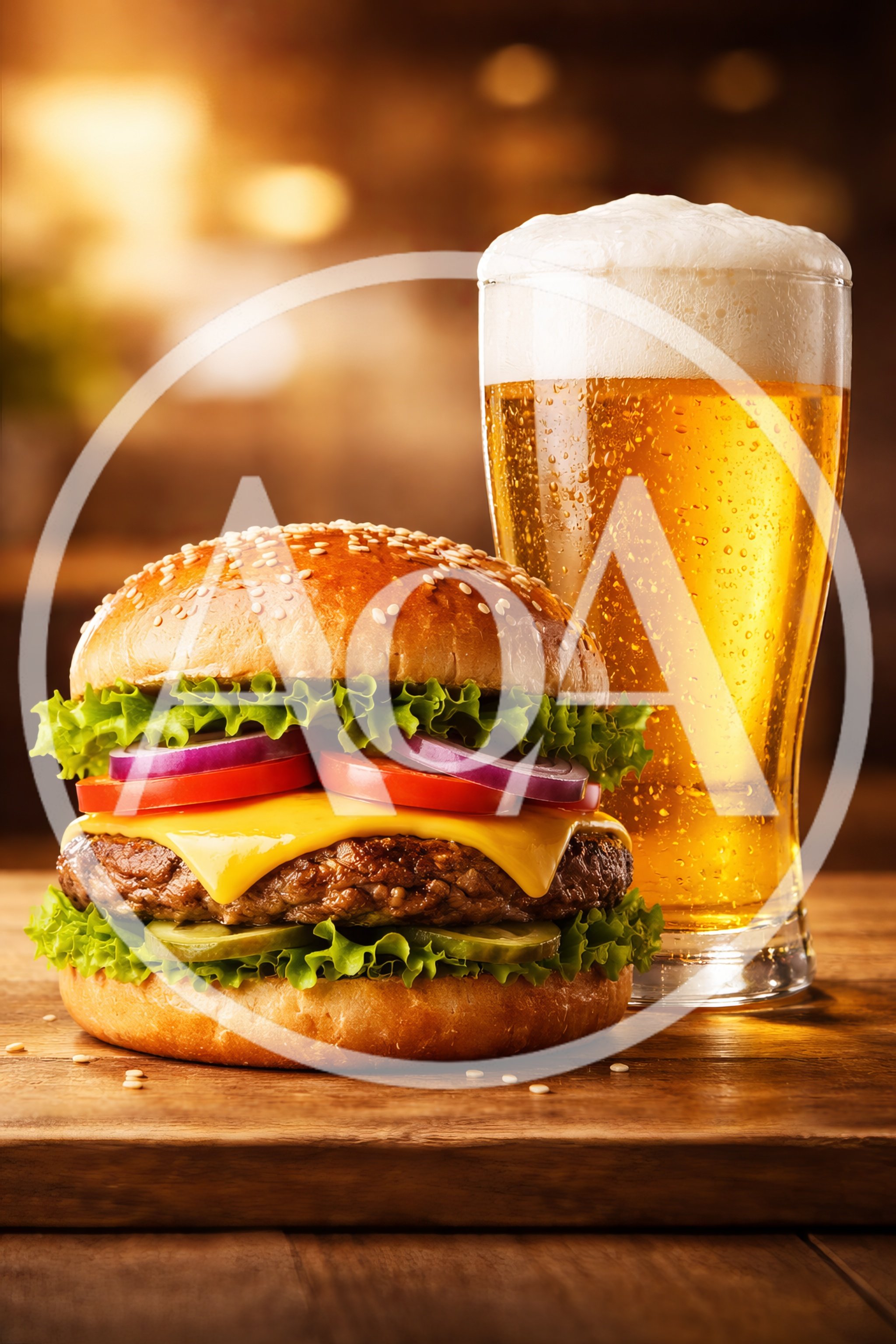 Gourmet Cheeseburger and Glass of Beer on Wooden Table