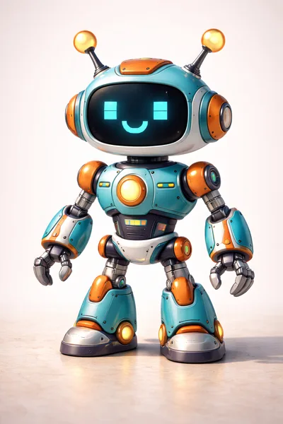 Cute Blue And Orange Robot Standing On White Background