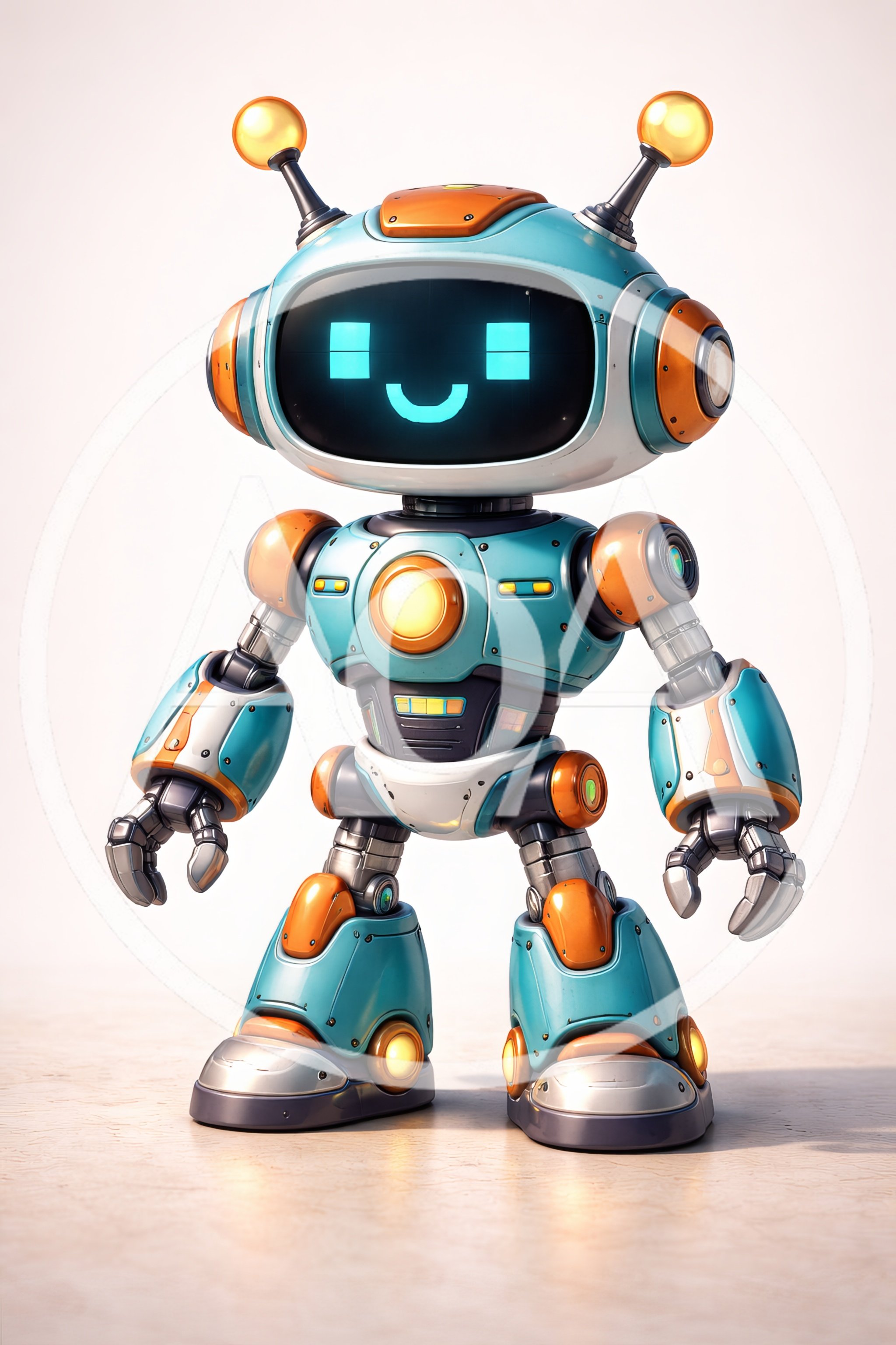 Cute Blue And Orange Robot Standing On White Background
