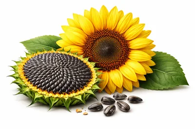 Sunflower Bloom and Harvested Seeds on White Background