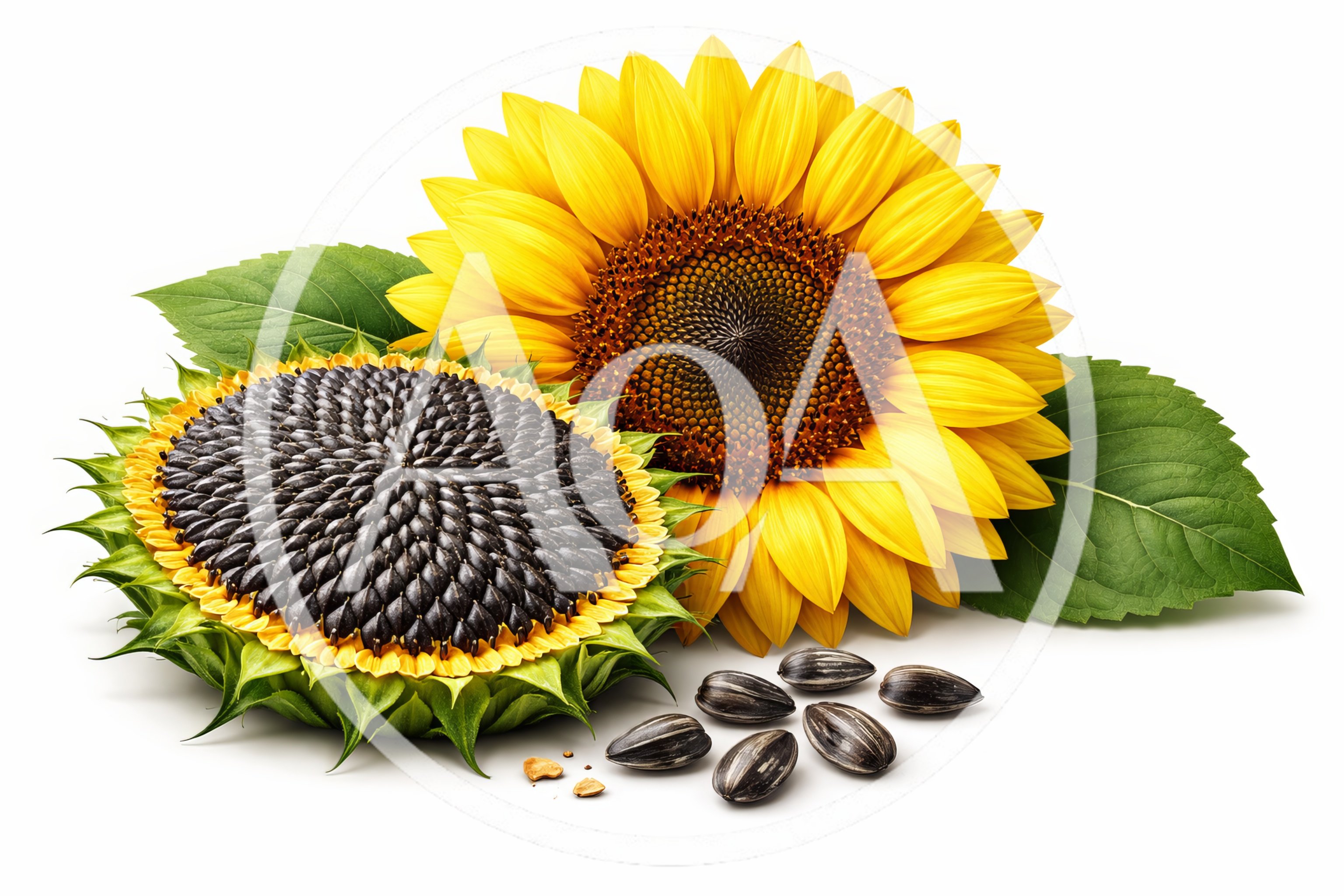 Sunflower Bloom and Harvested Seeds on White Background