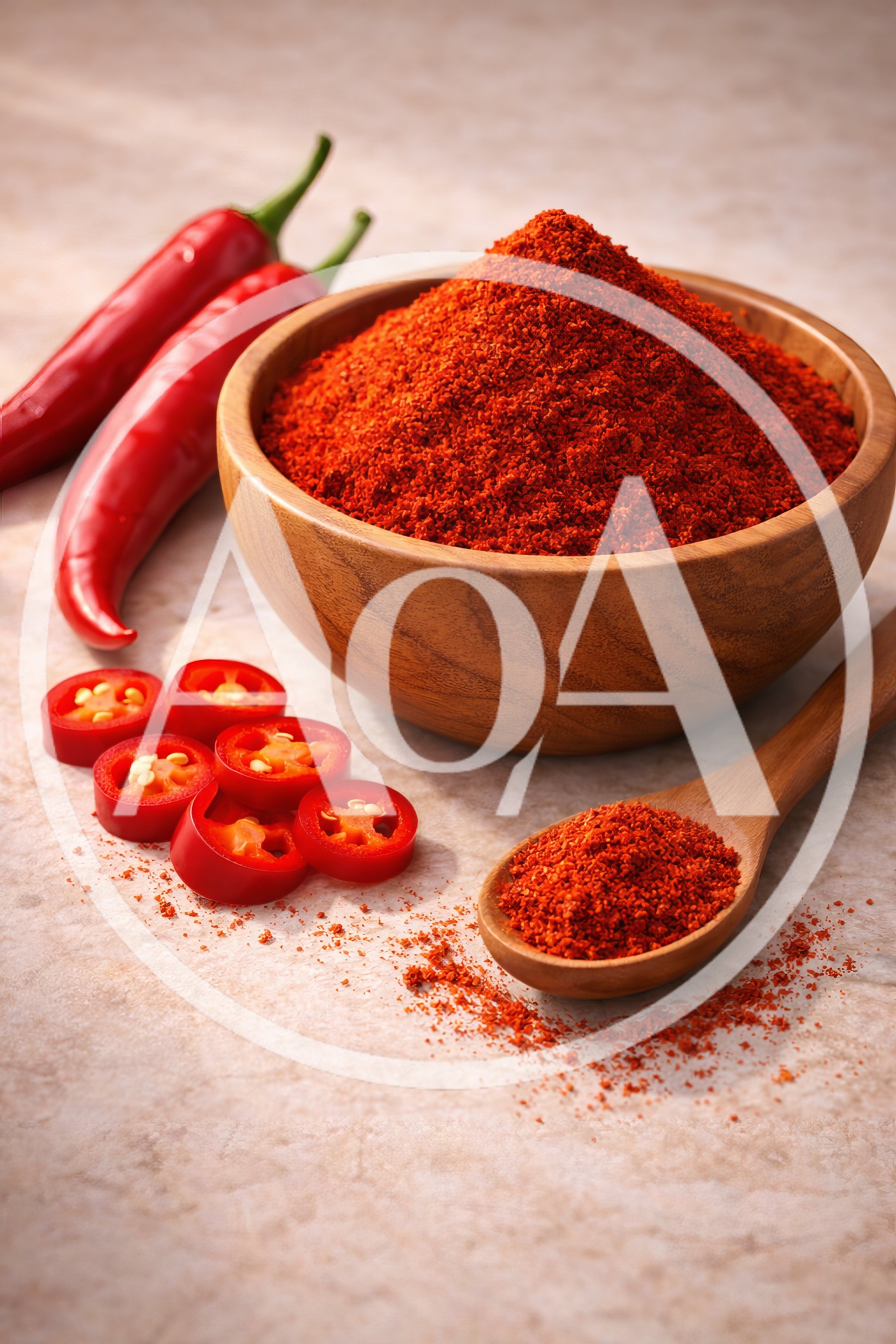 Wooden Bowl And Spoon With Red Chili Powder
