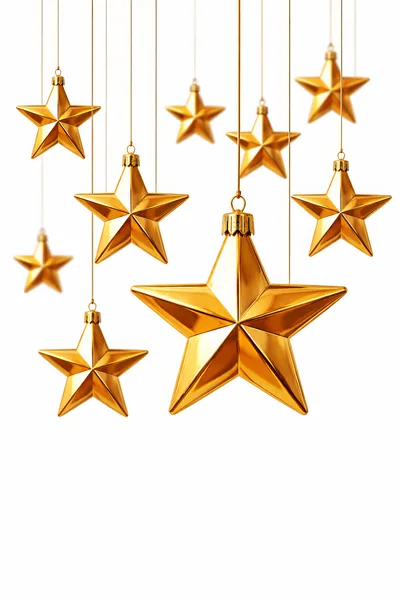 Hanging Golden Star Ornaments on White Background