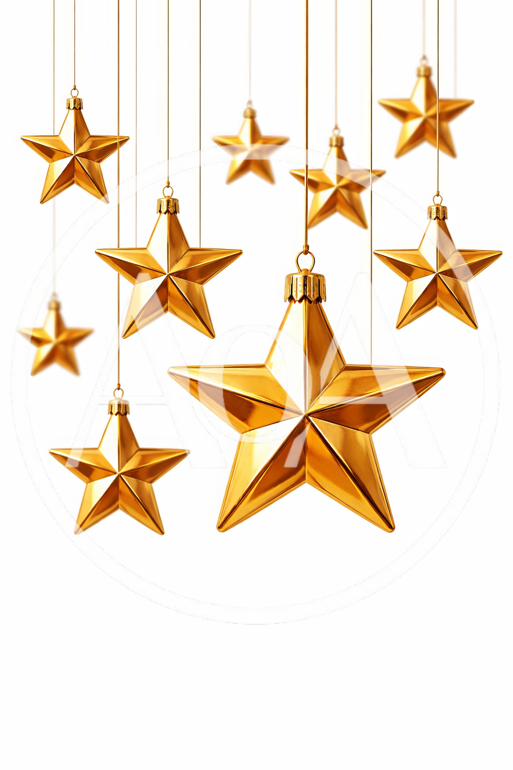 Hanging Golden Star Ornaments on White Background