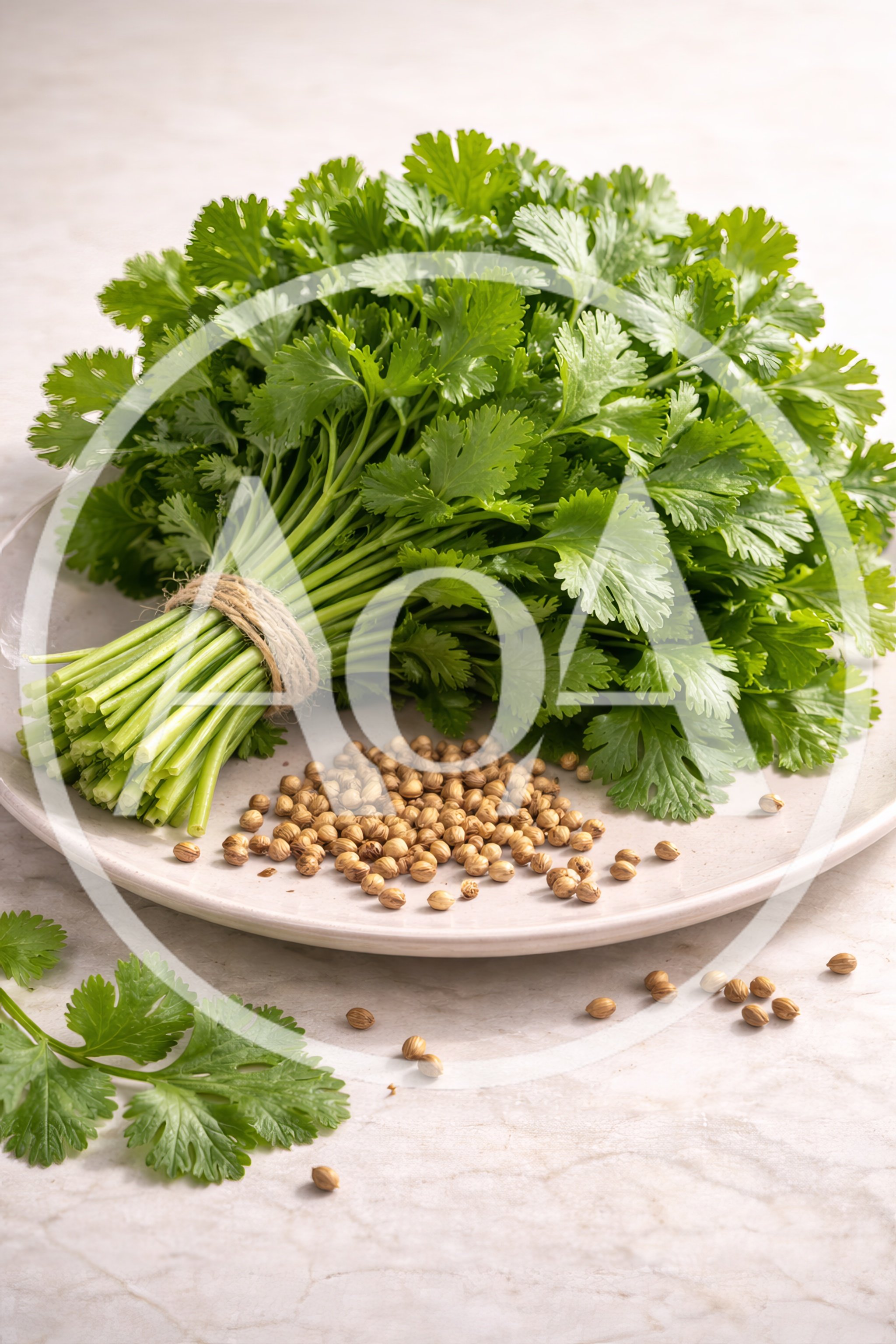 Fresh Cilantro Bunch And Coriander Seeds On Plate