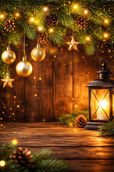 Christmas Lantern With Golden Ornaments On Wooden Background