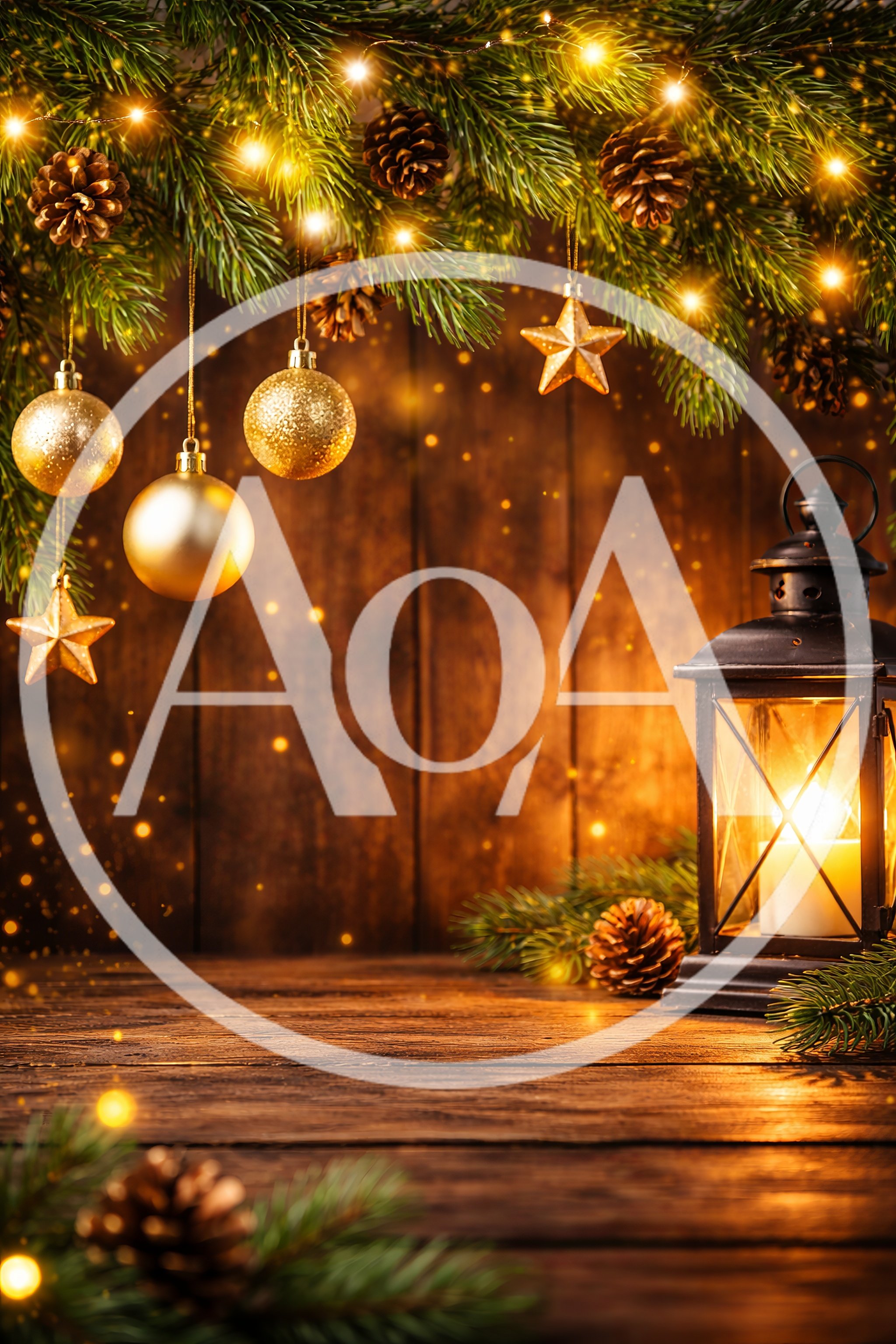 Christmas Lantern With Golden Ornaments On Wooden Background