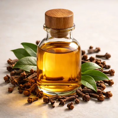Glass Bottle Of Clove Essential Oil With Dried Cloves