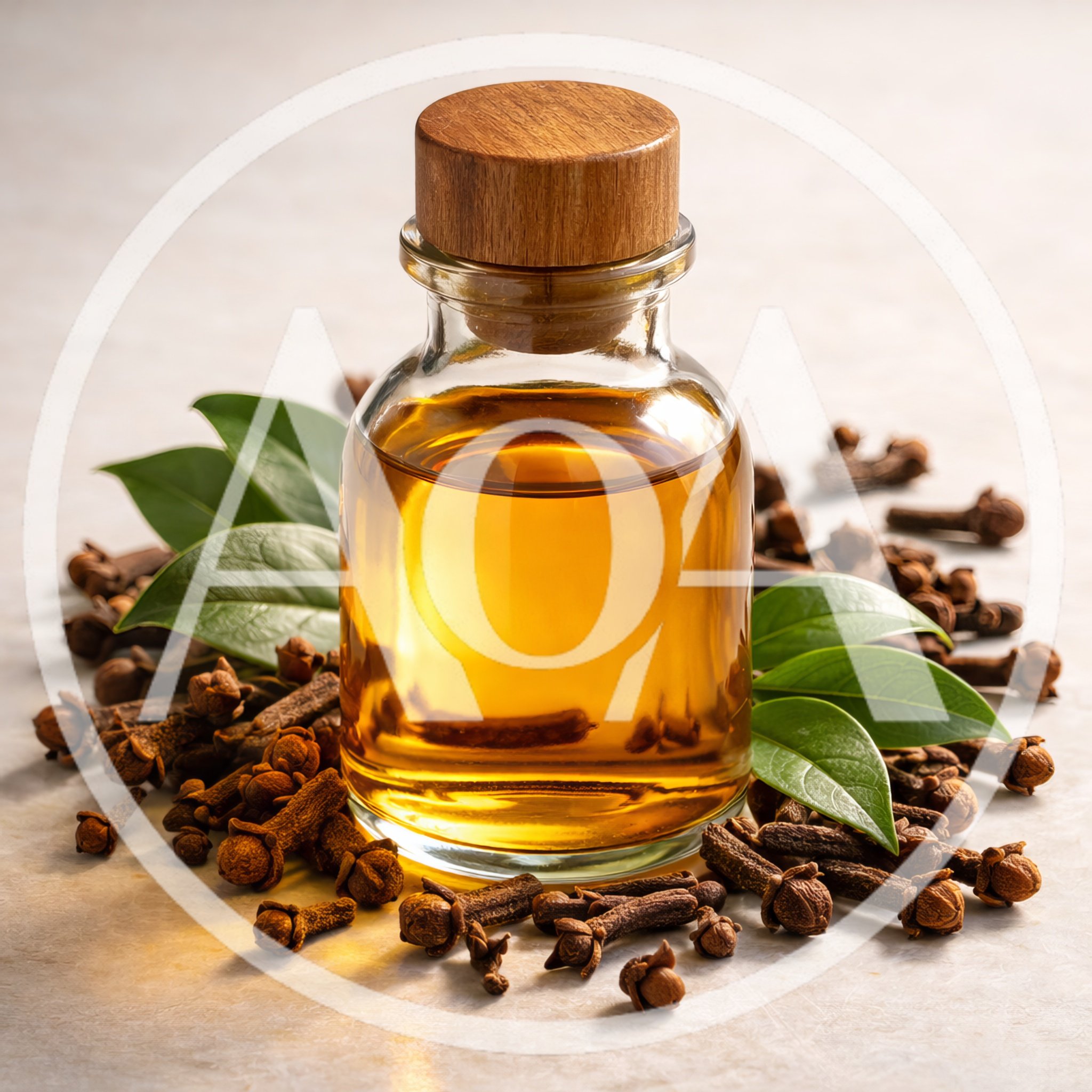 Glass Bottle Of Clove Essential Oil With Dried Cloves