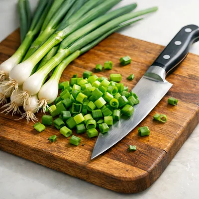 Fresh Green Onions Being Chopped On Wooden Cutting Board