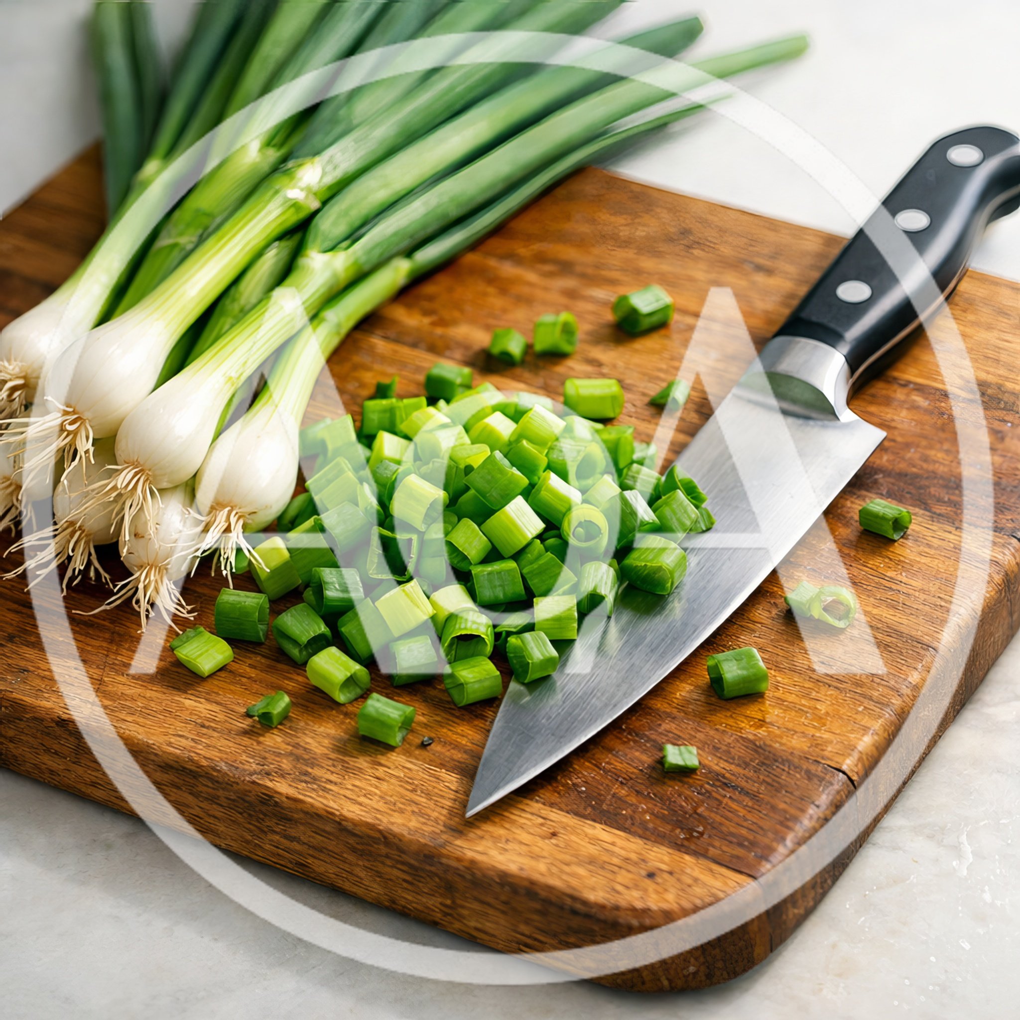 Fresh Green Onions Being Chopped On Wooden Cutting Board