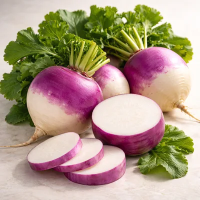 Fresh Purple Top Turnips With Green Leaves