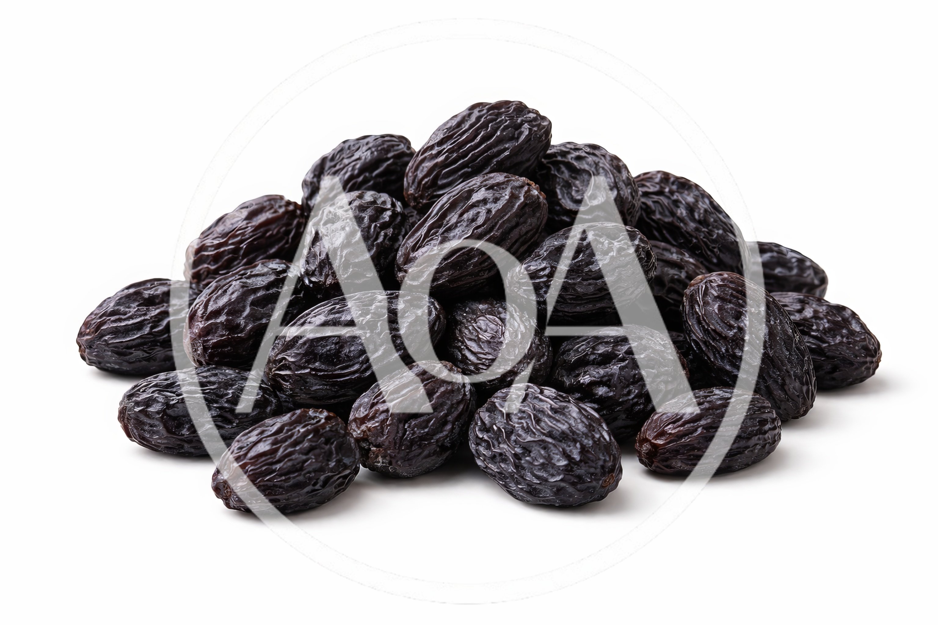 Pile of Dried Black Raisins on White Background