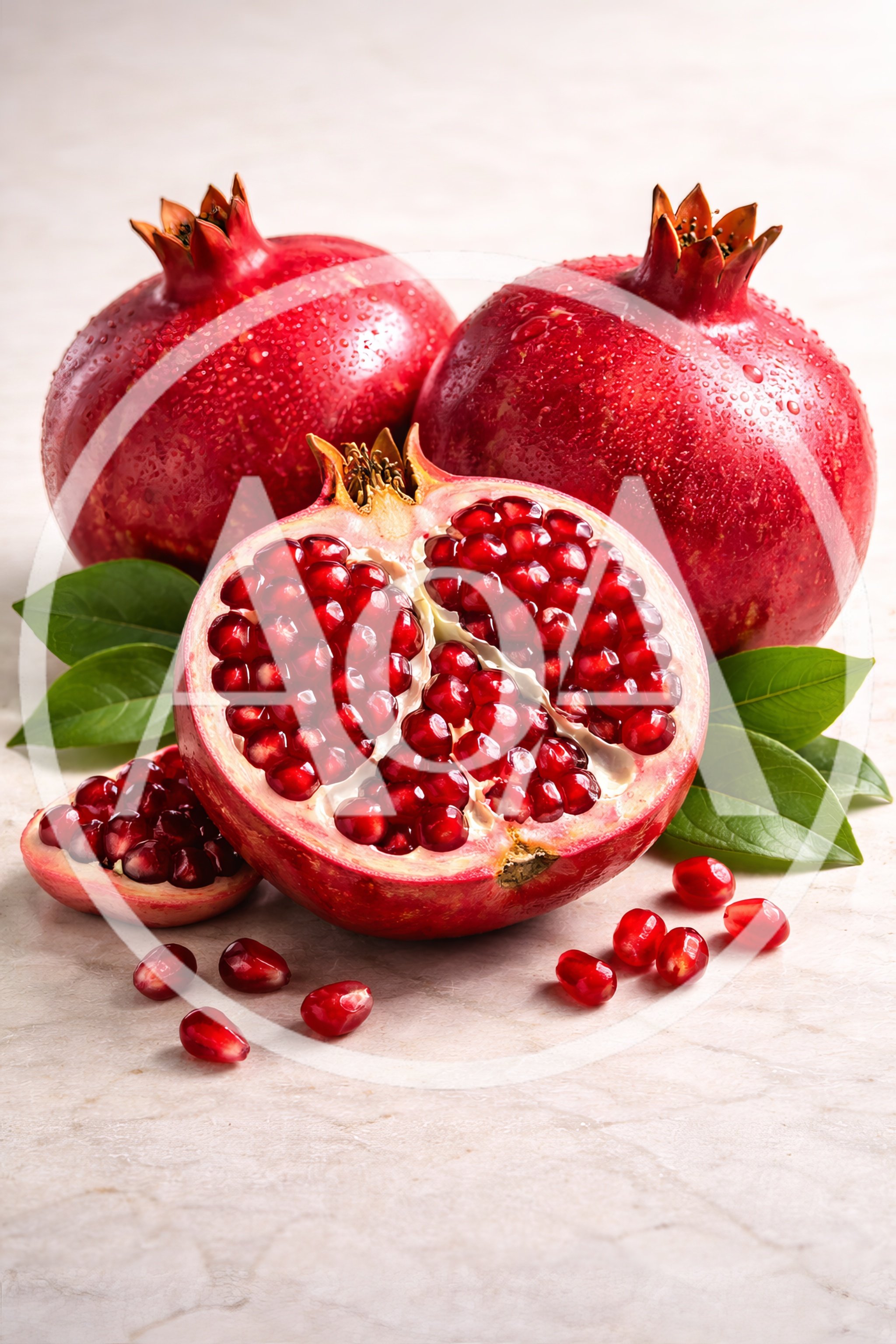 Fresh Whole And Cut Pomegranates With Seeds