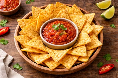 Tortilla Chips With Salsa In A Wooden Bowl