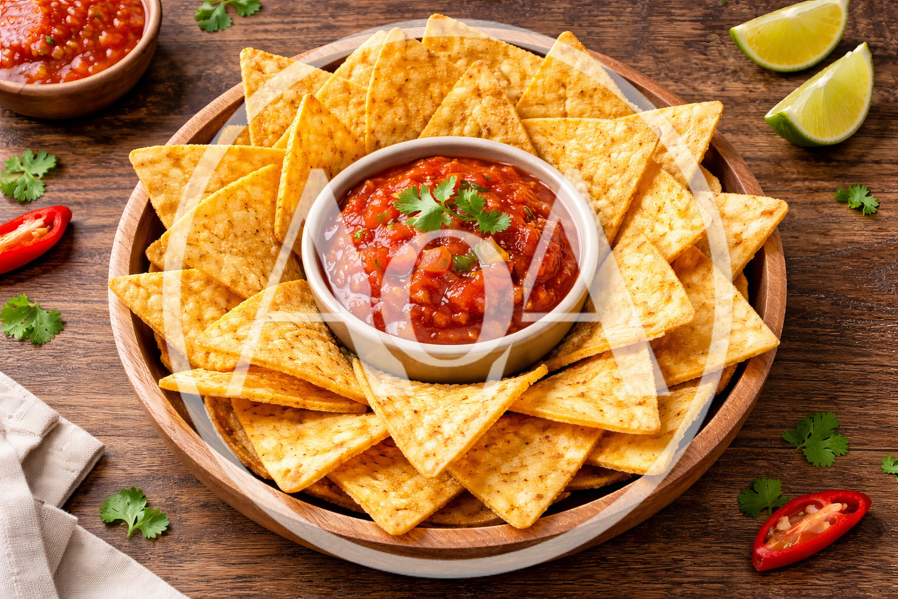 Tortilla Chips With Salsa In A Wooden Bowl