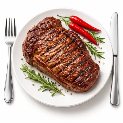 Grilled Ribeye Steak Served With Rosemary And Chili Peppers
