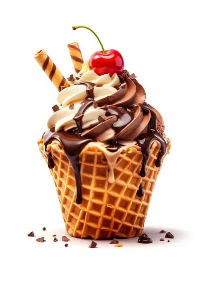 Chocolate And Vanilla Ice Cream In Waffle Bowl