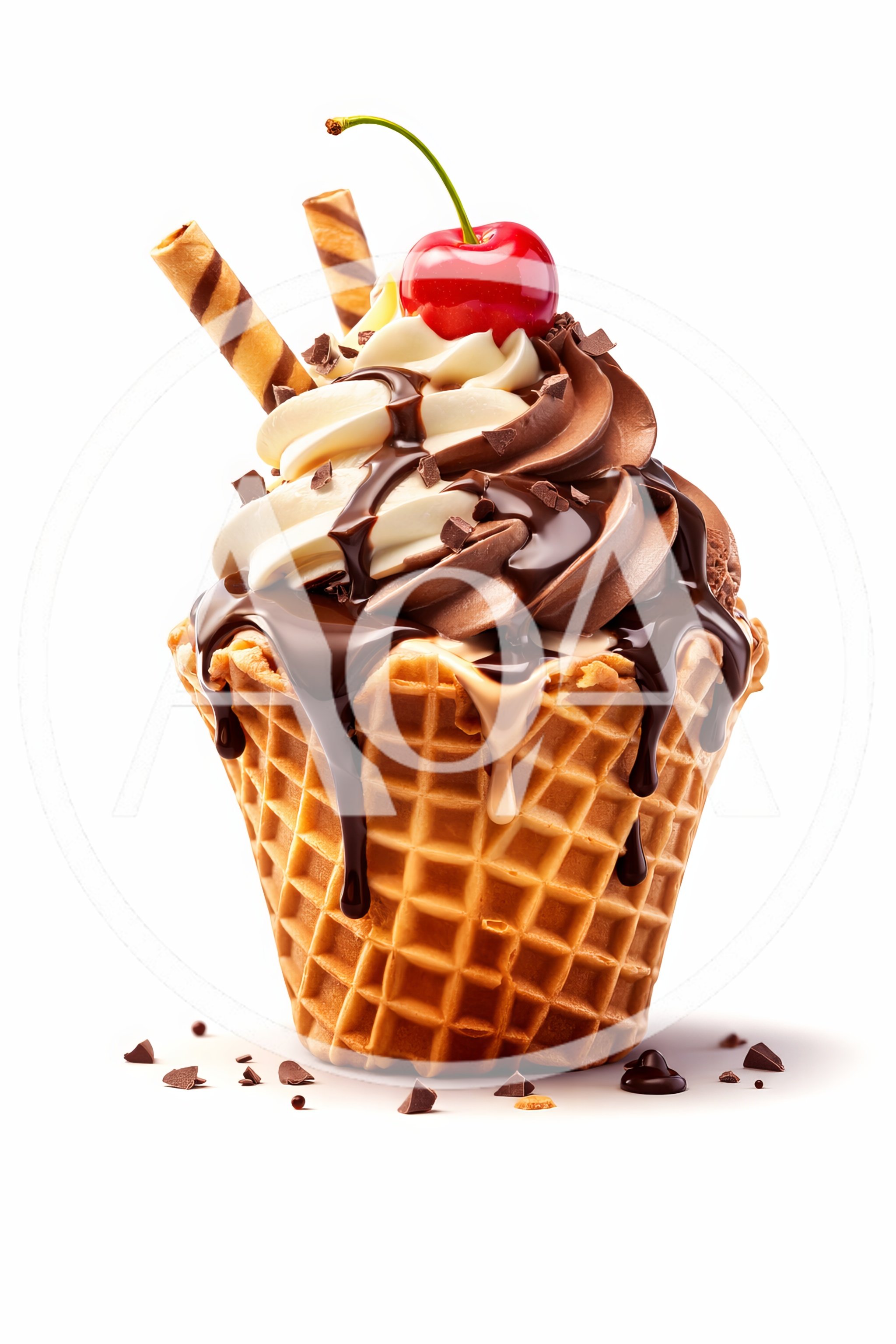 Chocolate And Vanilla Ice Cream In Waffle Bowl