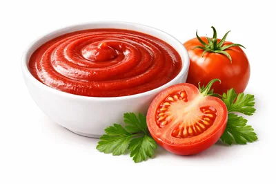 Bowl Of Tomato Ketchup With Fresh Tomatoes And Parsley