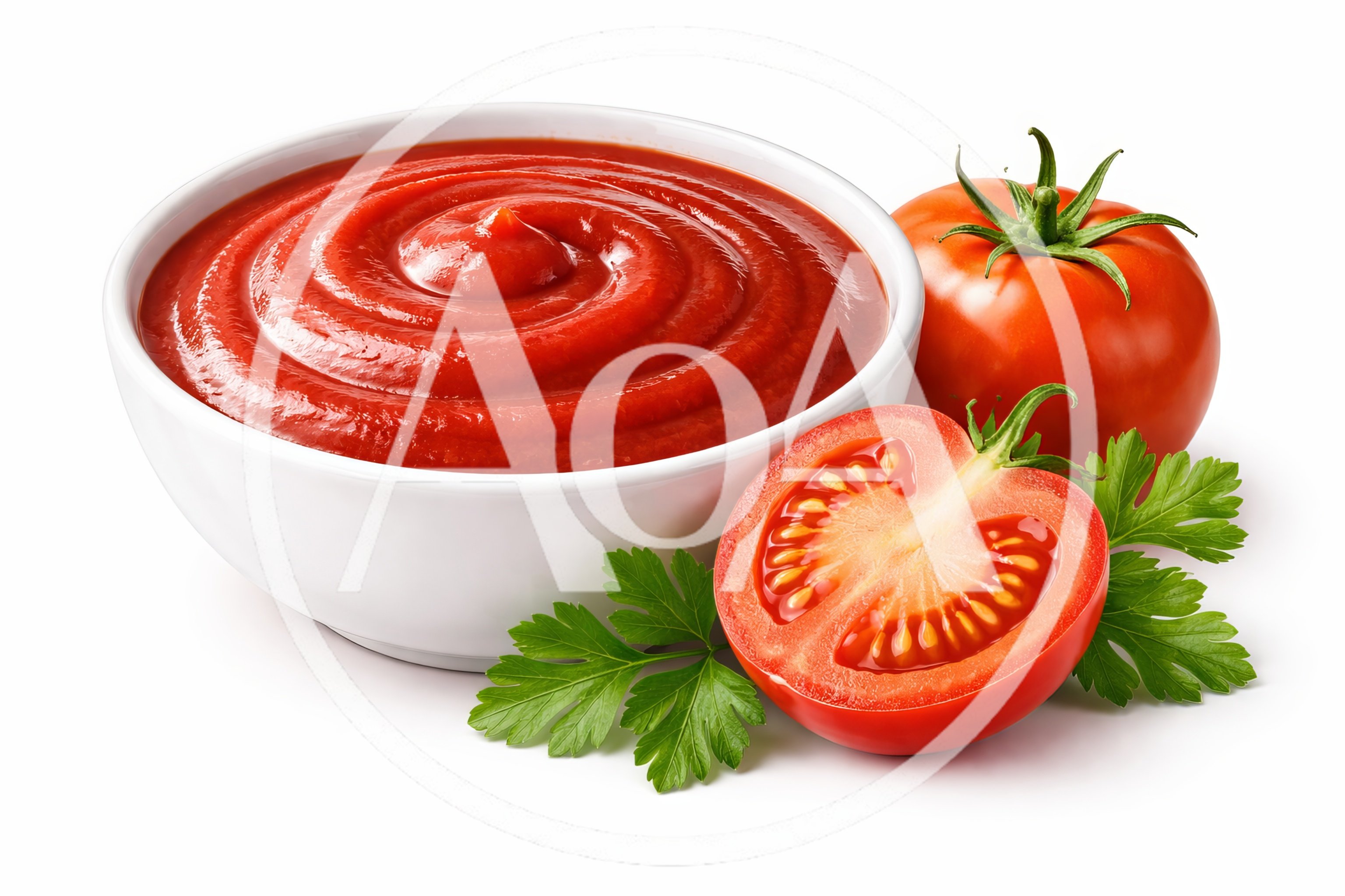 Bowl Of Tomato Ketchup With Fresh Tomatoes And Parsley