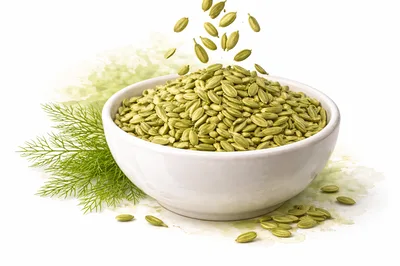 Fennel Seeds Falling Into A White Ceramic Bowl