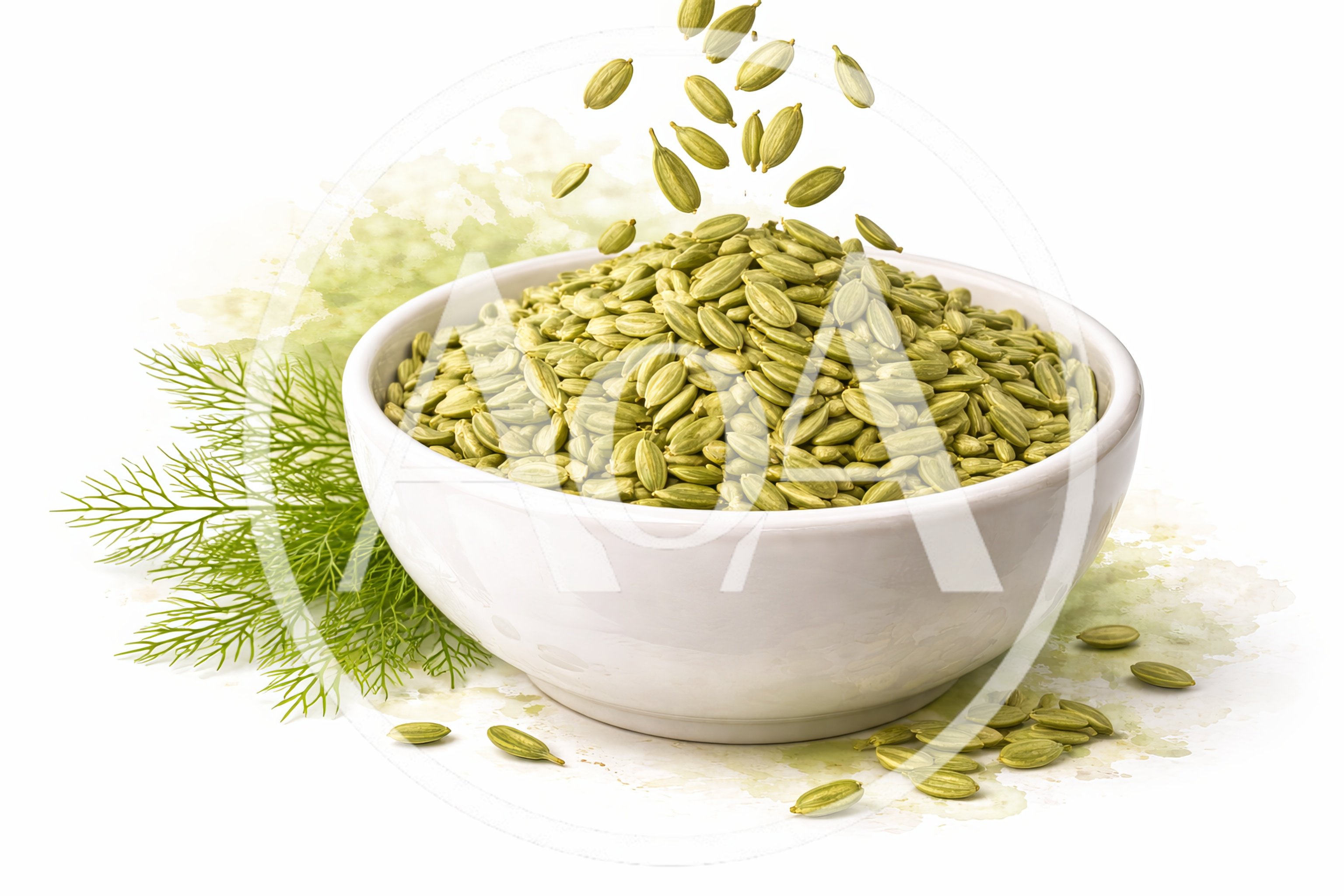 Fennel Seeds Falling Into A White Ceramic Bowl