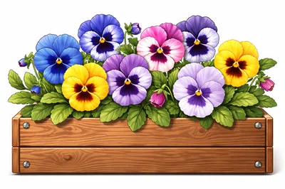 Colorful Pansy Flowers In A Wooden Planter Box
