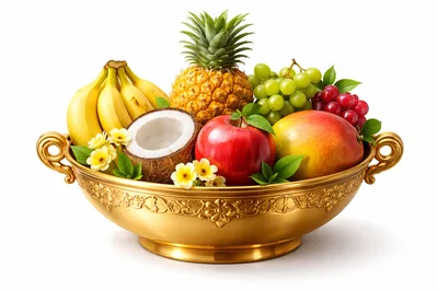 Assorted Fresh Tropical Fruits In Ornate Gold Bowl