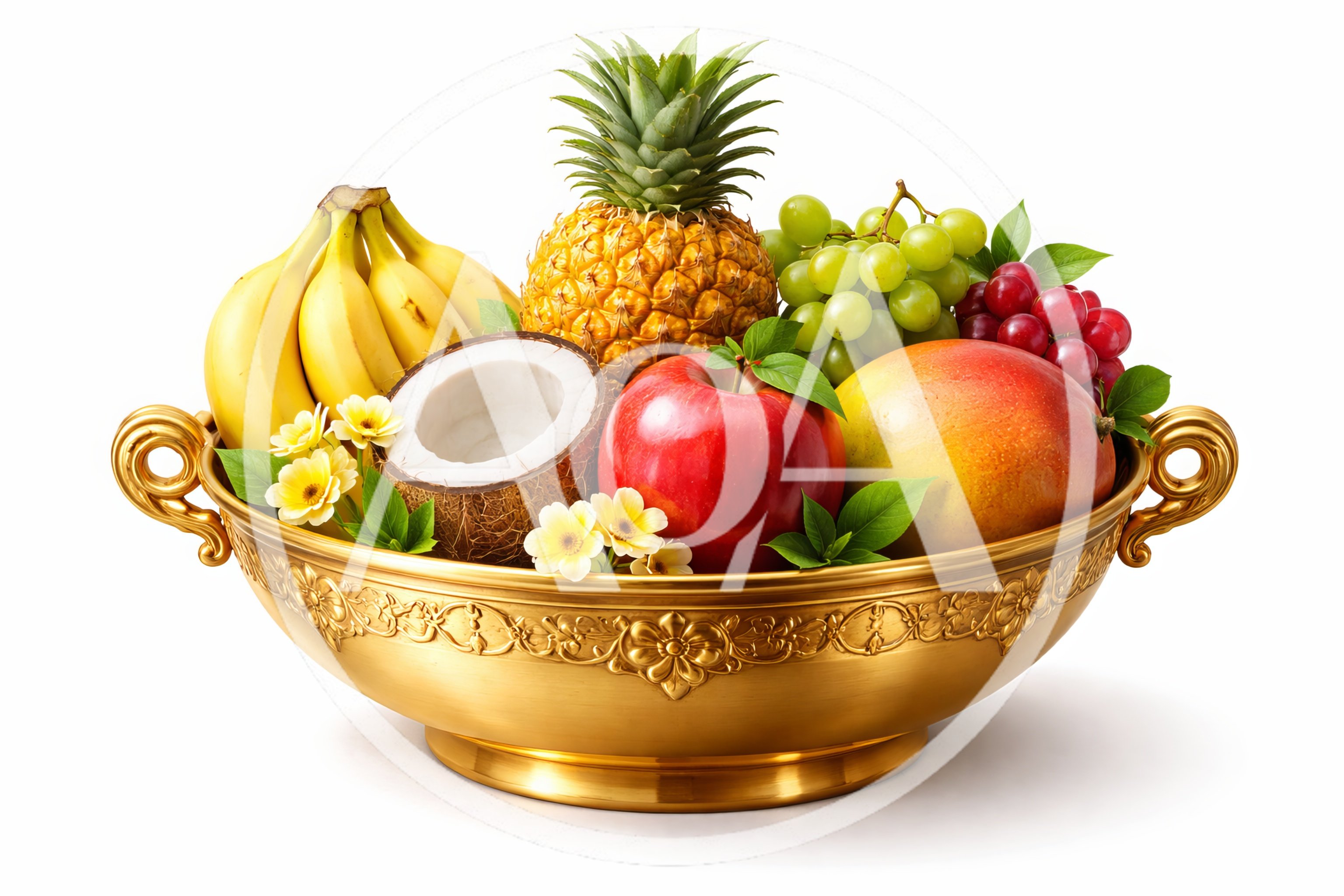 Assorted Fresh Tropical Fruits In Ornate Gold Bowl