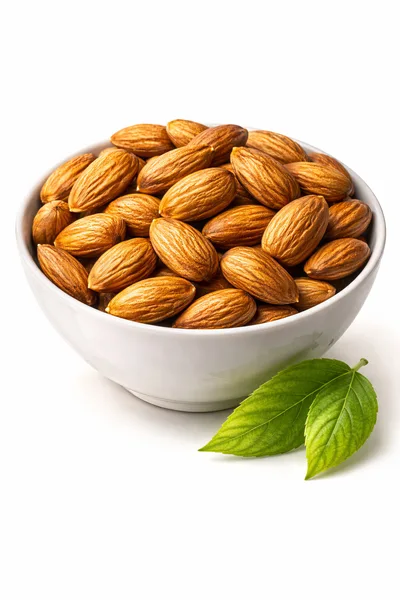 Bowl Of Raw Almonds With Green Leaves