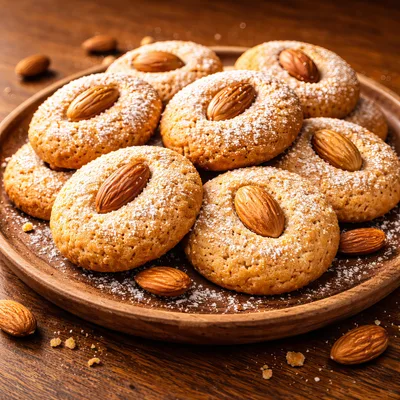 Almond Topped Cookies On A Wooden Plate
