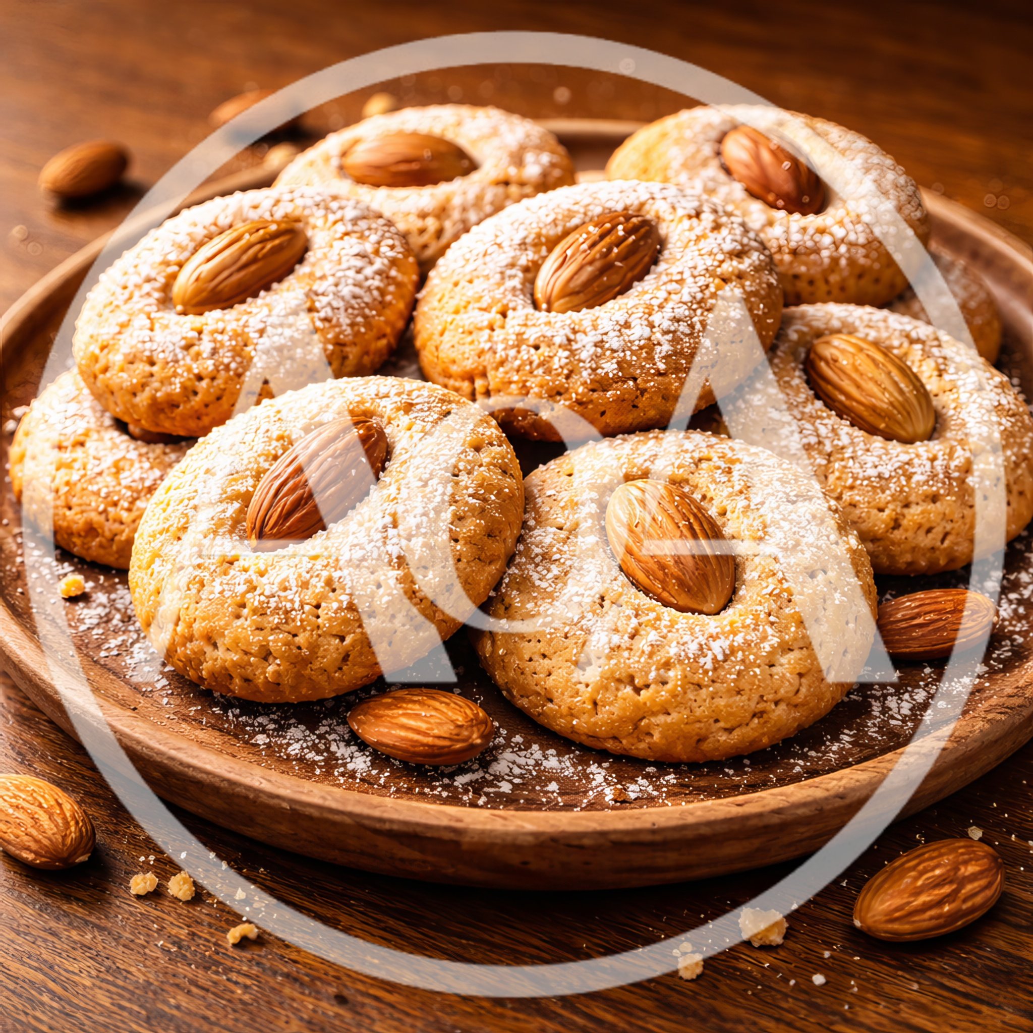 Almond Topped Cookies On A Wooden Plate