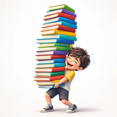 Cartoon Boy Carrying A Large Stack Of Books