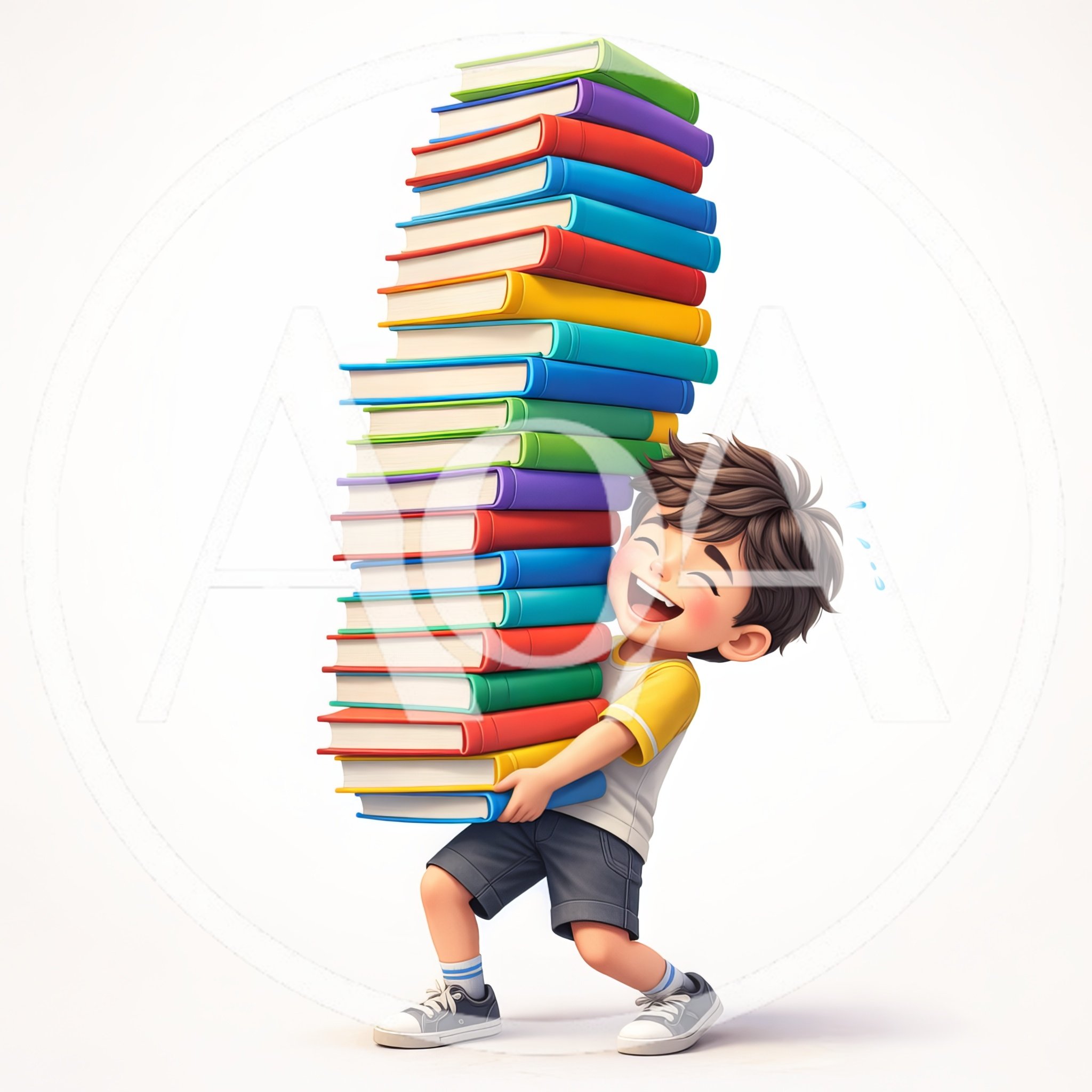 Cartoon Boy Carrying A Large Stack Of Books