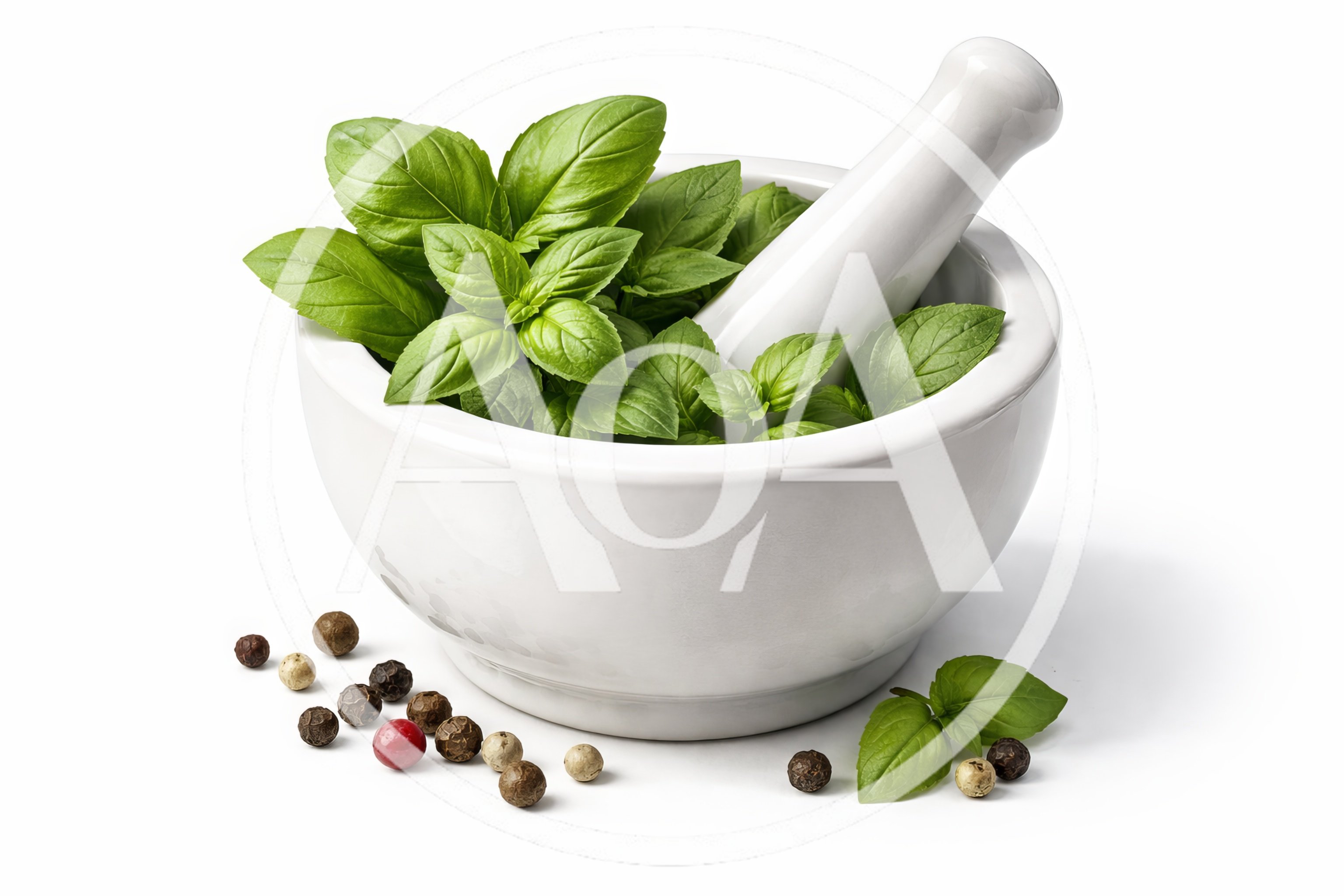 Fresh Basil Leaves In A White Mortar And Pestle