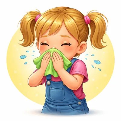 Cute Cartoon Girl Sneezing Into A Green Handkerchief